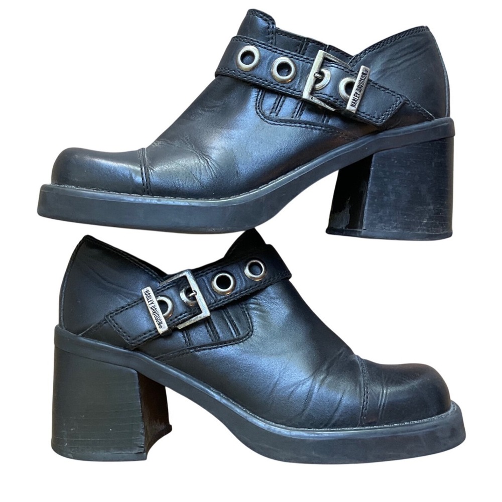 Y2K Harley Davidson Black Leather Platform Boots Square Toe Chunky Heel